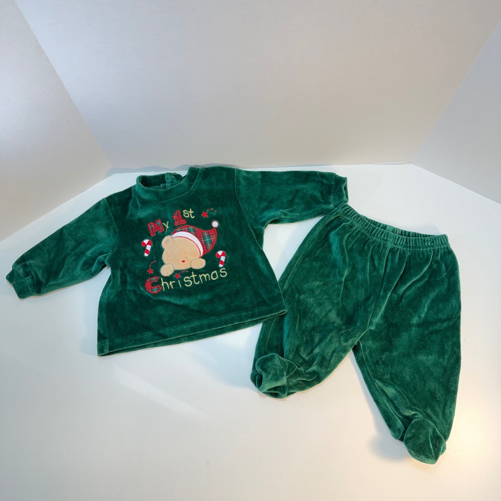 Baby Rageous Pant Set Infant 6 Month Green My 1st Christmas Velour Footed Outfit
